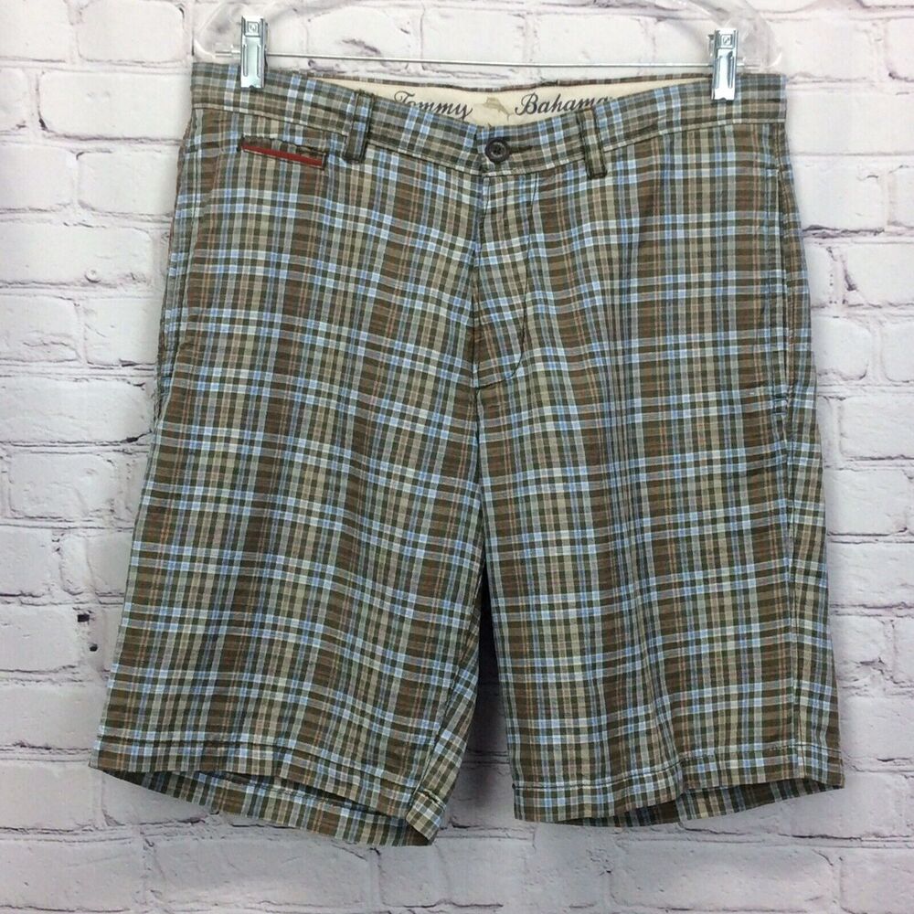 Tommy Bahama Linen Blend Shorts Men's Sz 32 Blue Plaid Casual Beach Travel Sport